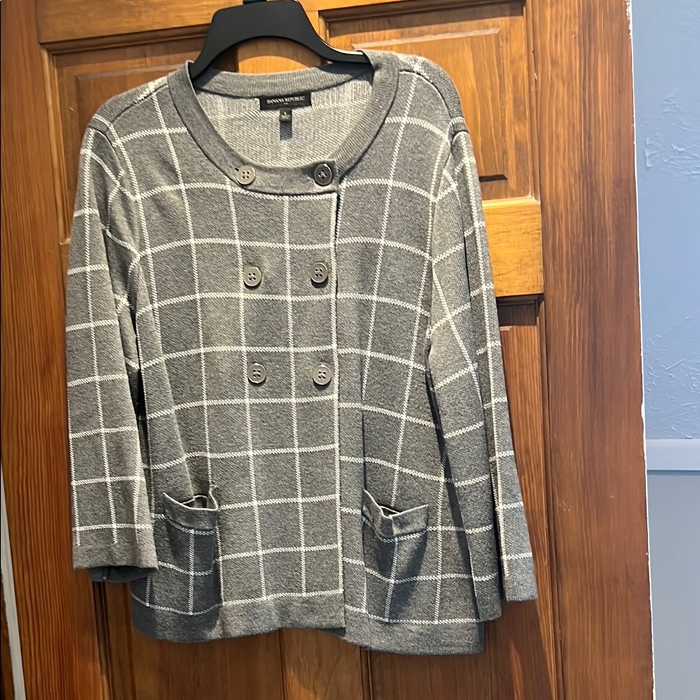 Banana Republic Gray Knit Cardigan with Windowpane Design